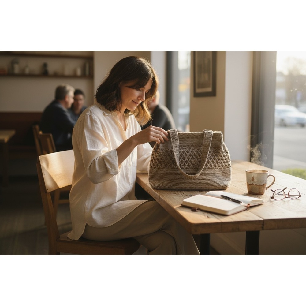 Worthington Crochet Knit Shoulder Bag Tote Purse Beige Boho Neutral